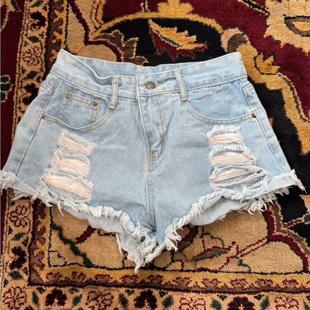 Distressed Light Blue Denim Shorts